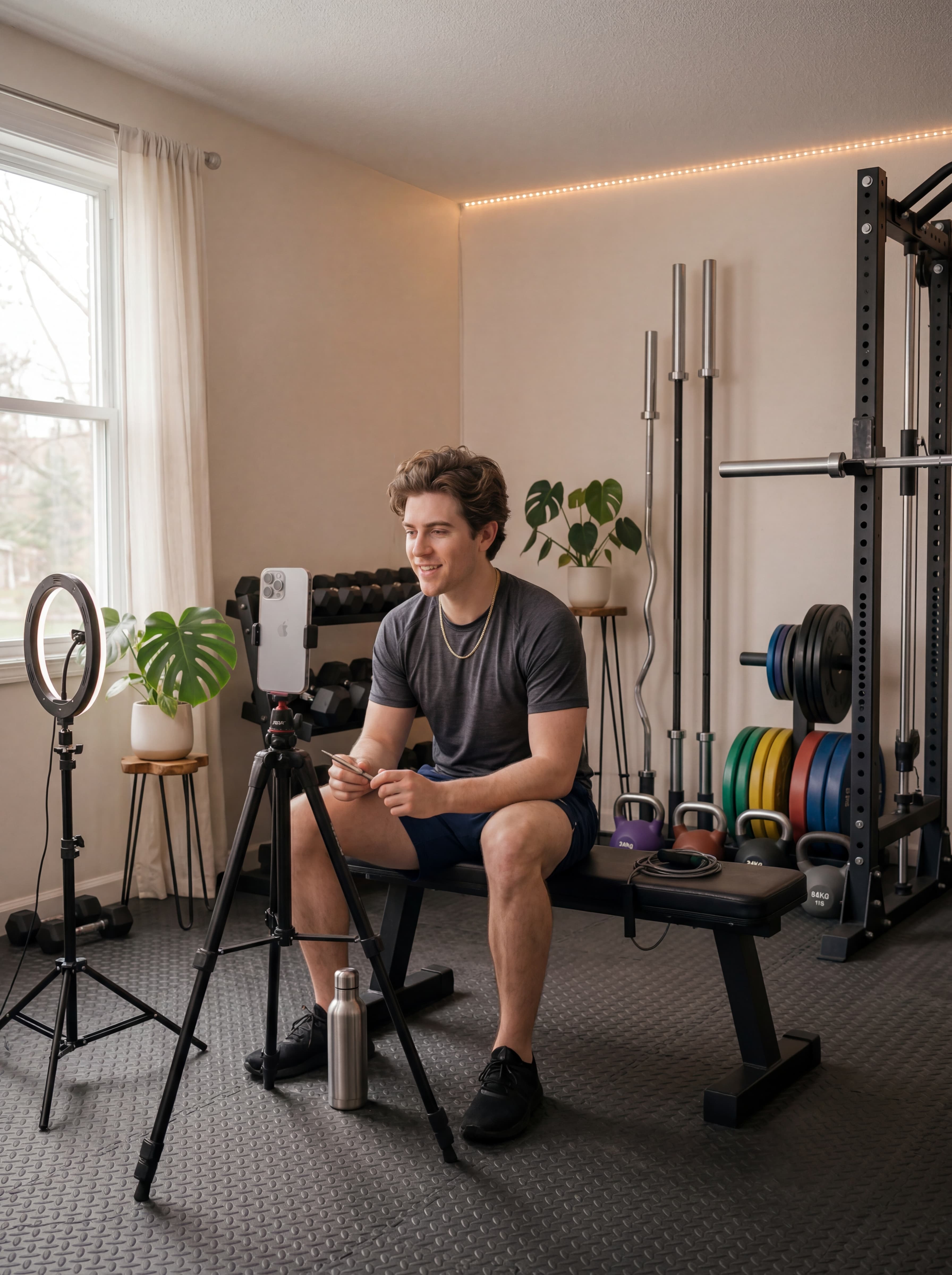 A restrained home creator setup with subtle lighting and a composed editorial mood.