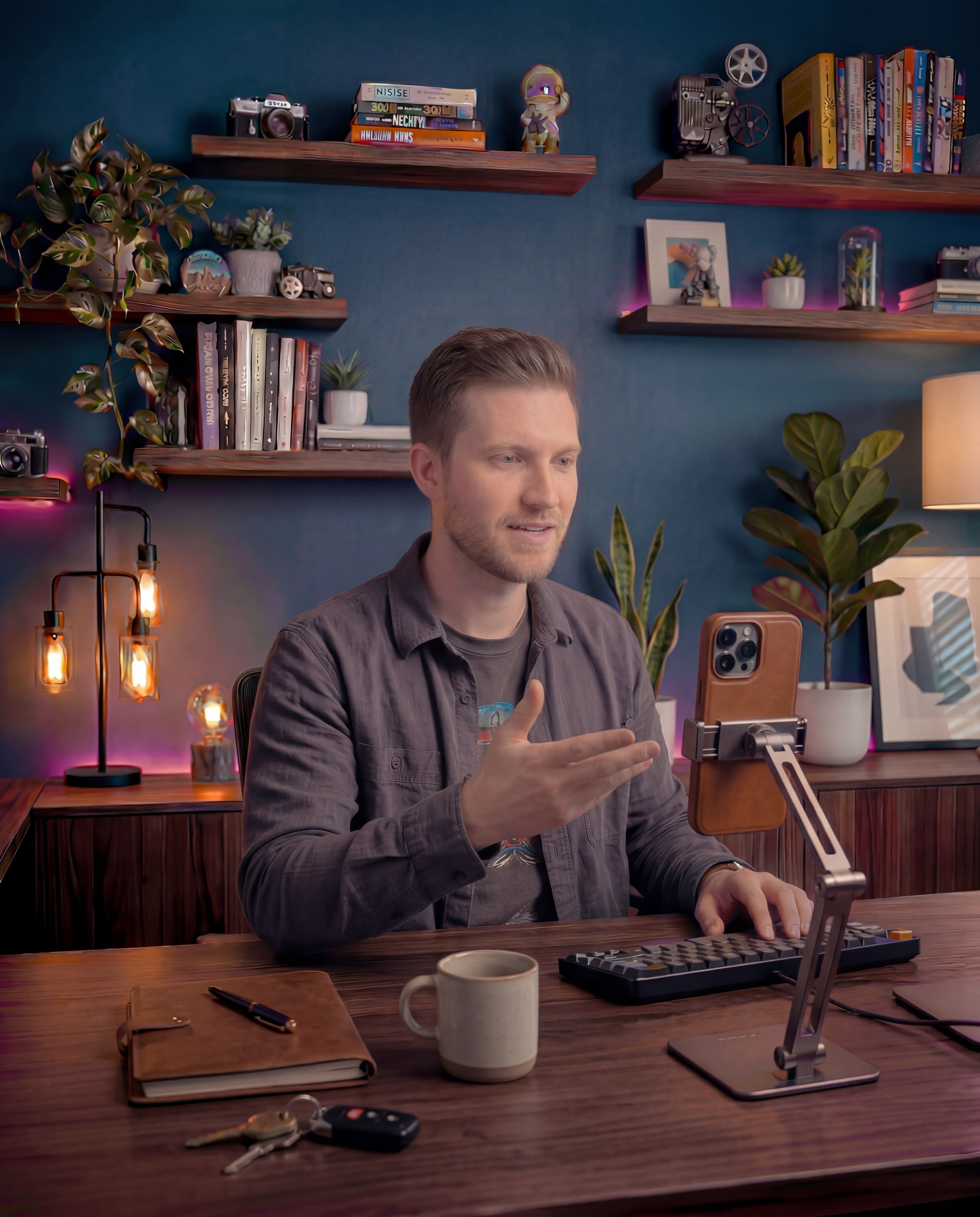 A creator streaming from home in a polished personal space that feels supported, organized, and creator-focused.